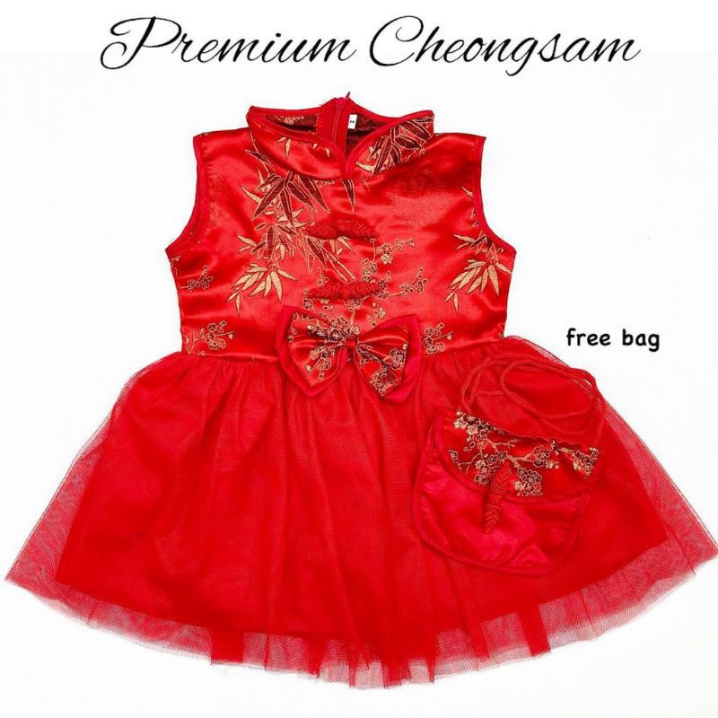 Dress cheongsam premium anak 0-3 tahun free tas bando / dress china anak / dress imlek anak / BAJU Qipao anak/ Baju Imlek anak perempuan Peacock/Merak