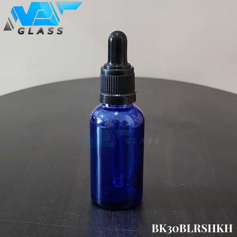 botol kaca pipet 30ml biru tebal - ring segel hitam