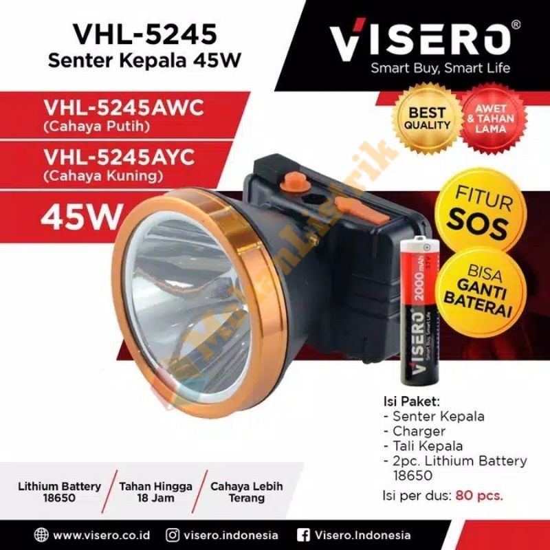 Senter Kepala Cas VISERO 45W FITUR SOS VHL-5245 Cas Bisa Ganti Baterai