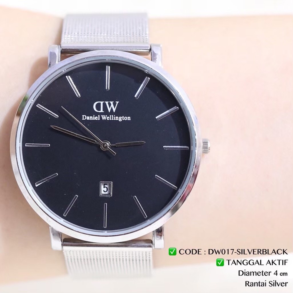 Jam tangan murah pria /  wanita / COUPLE classic rantai pasir DUA JARUM TANGGAL AKTIF DC030-SILVERBLACK TGL 4CM