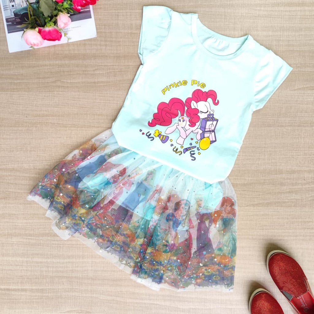 Promo !! Setelan anak perempuan import / Setelan rok anak perempuan / Setelan pinkie pie party ukuran 2-4 tahun