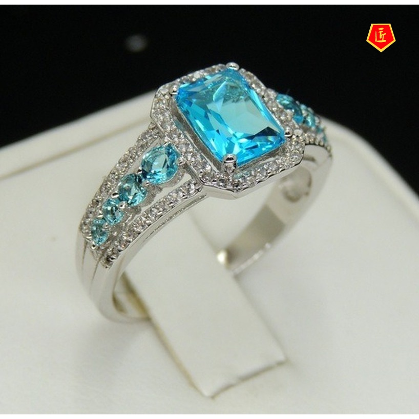 [Ready Stock]New Topaz Blue Crystal Ring Personality Fashion