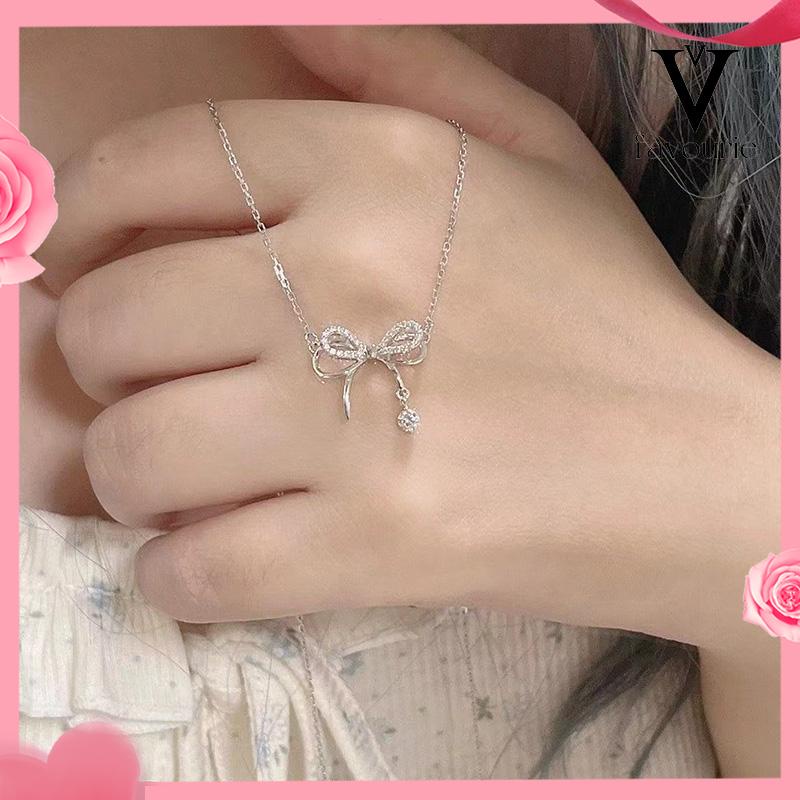 [COD]Tiga Dimensi Double-layer Kalung Busur Wanita Cahaya Mewah Niche Water Drop Rantai Tulang Selangka-FA