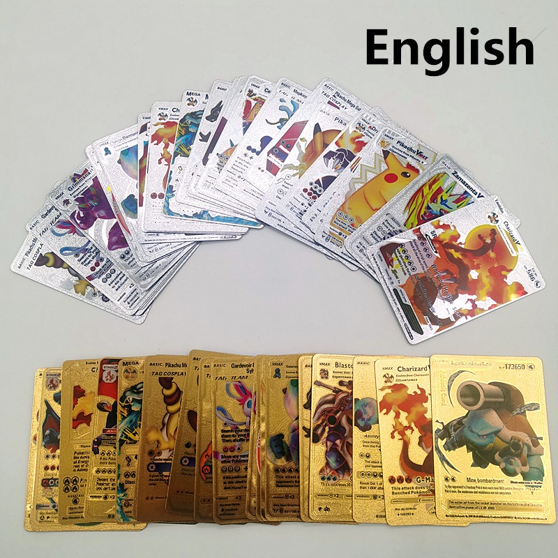 54pcs / 27Pcs Kartu Pokemon Versi Bahasa Inggris Bahan Metal Warna Emas / Silver Untuk Koleksi