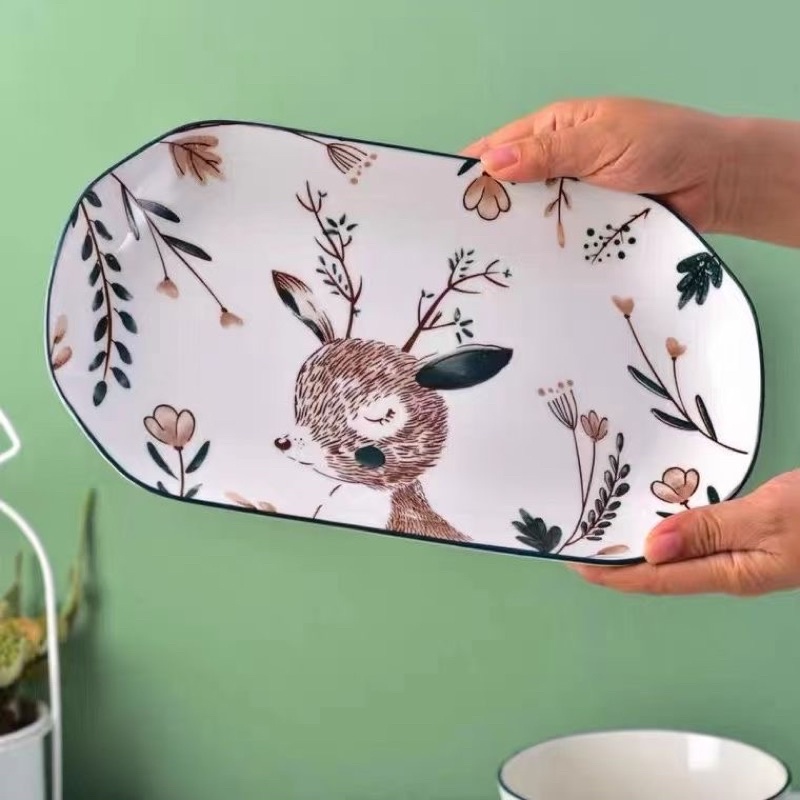 PIRING KERAMIK 8 INCH DEER FOOD PLATE PIRING MAKAN VARIASI MOTIF-Piring ikan 12 Inch