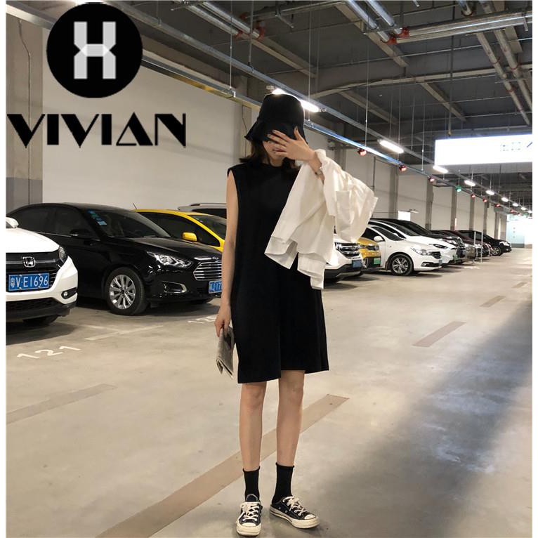 [VIVIAN] Dress Gaya Korea Longgar Slim Tanpa Lengan Motif Print Huruf di Punggung untuk Wanita