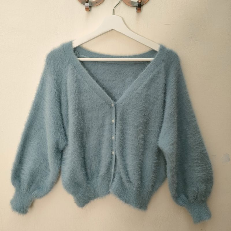 Cardigan Fuzzy Rope Picnic Babyblue