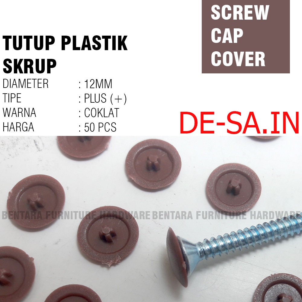 50 X Tutup Skrup Plastik Model Plus Coklat Brown Dop Screw Cap Cover Plastik Sekrup Tapping Flat Head