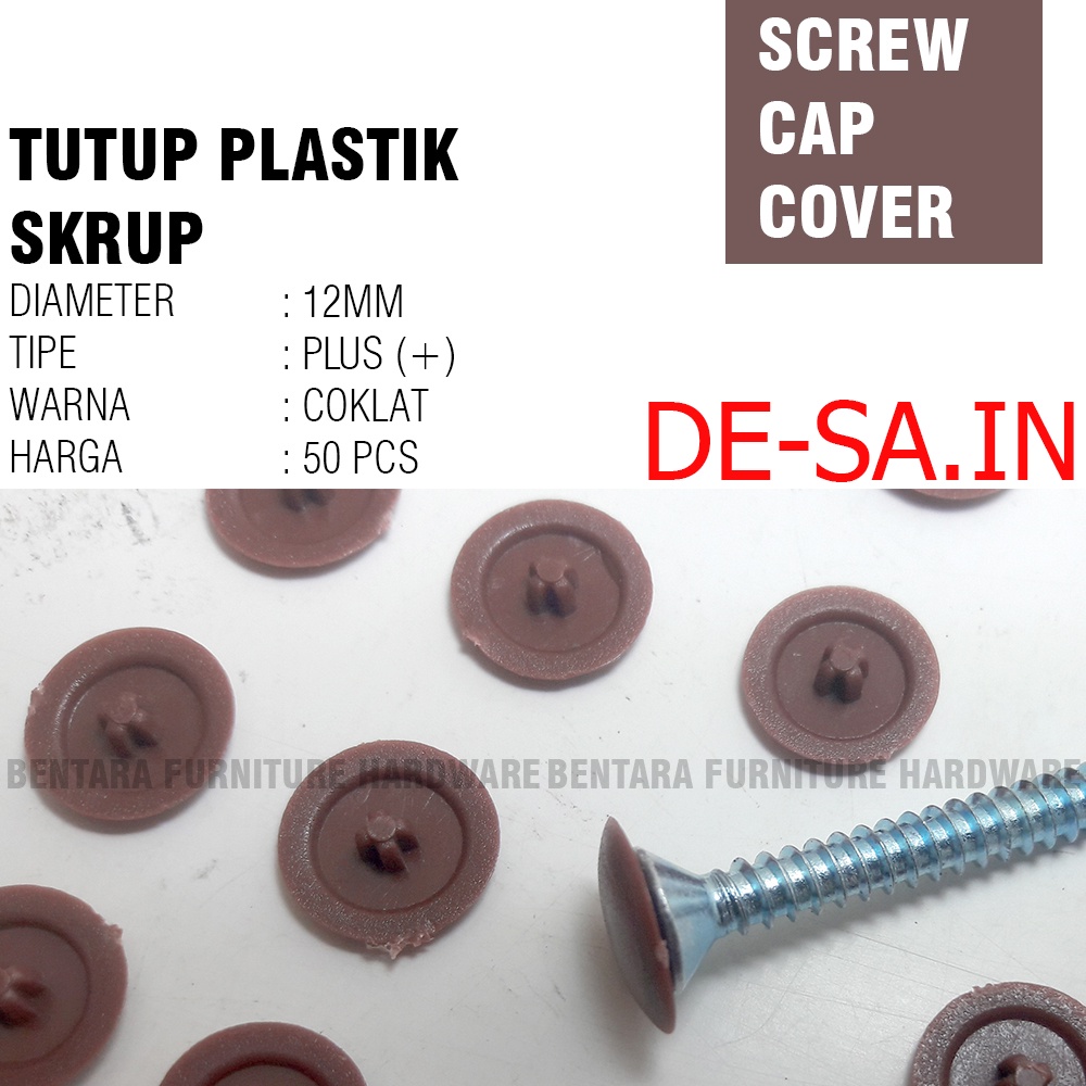 50 X Tutup Skrup Plastik Model Plus Coklat Brown Dop Screw Cap Cover Plastik Sekrup Tapping Flat Head