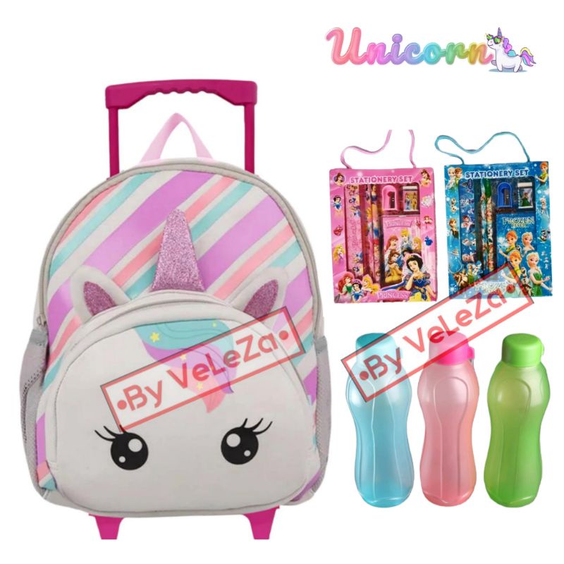 Tas ransel troli anak karakter unicorn gratis paket pinsil botol minum - tas anak - tas ransel anak - tas troli