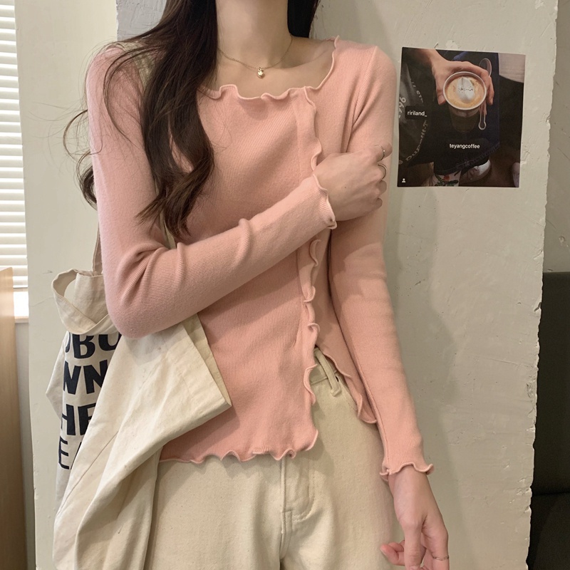 Korean Knit Top Wanita Lengan Panjang Kaos Rajut Polos