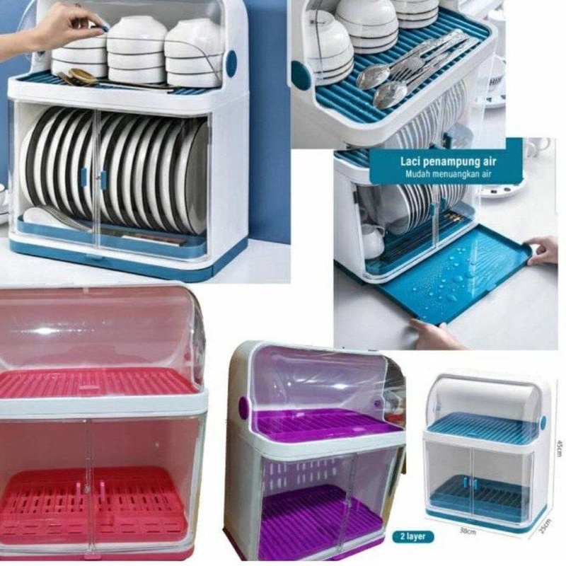 Premium Rak Piring Tutup Mika Anti Bacterial Tertutup Higienis Lemari Piring Gelas Sendok Debu Rak