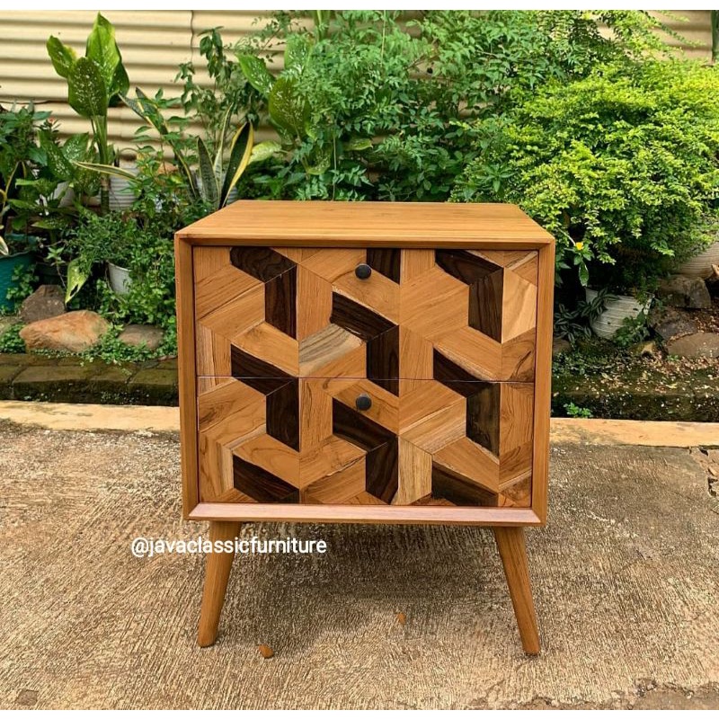 NAKAS RETRO MOTIF MINIMALIS UNIK BEDSIDE TABLE LACI 2 PUK SAMPING TEMPAT TIDUR BAHAN KAYU JATI FINISHING NATURAL FURNITURE JEPARA