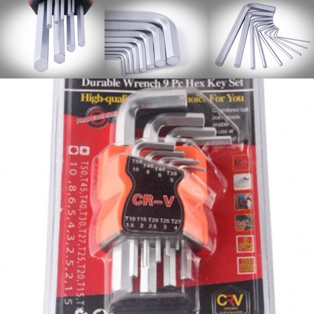 Kunci L Set 9 in 1 Hexa Pendek CRV / Kunci Heksagonal / Kunci Allen / Hex Key Wrench Set