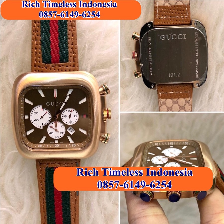 Best Seller  Jam Tangan Pria  Mewah GC Square Analogue Rosegold Leather Strap Brown Jam Tangan Pria 
