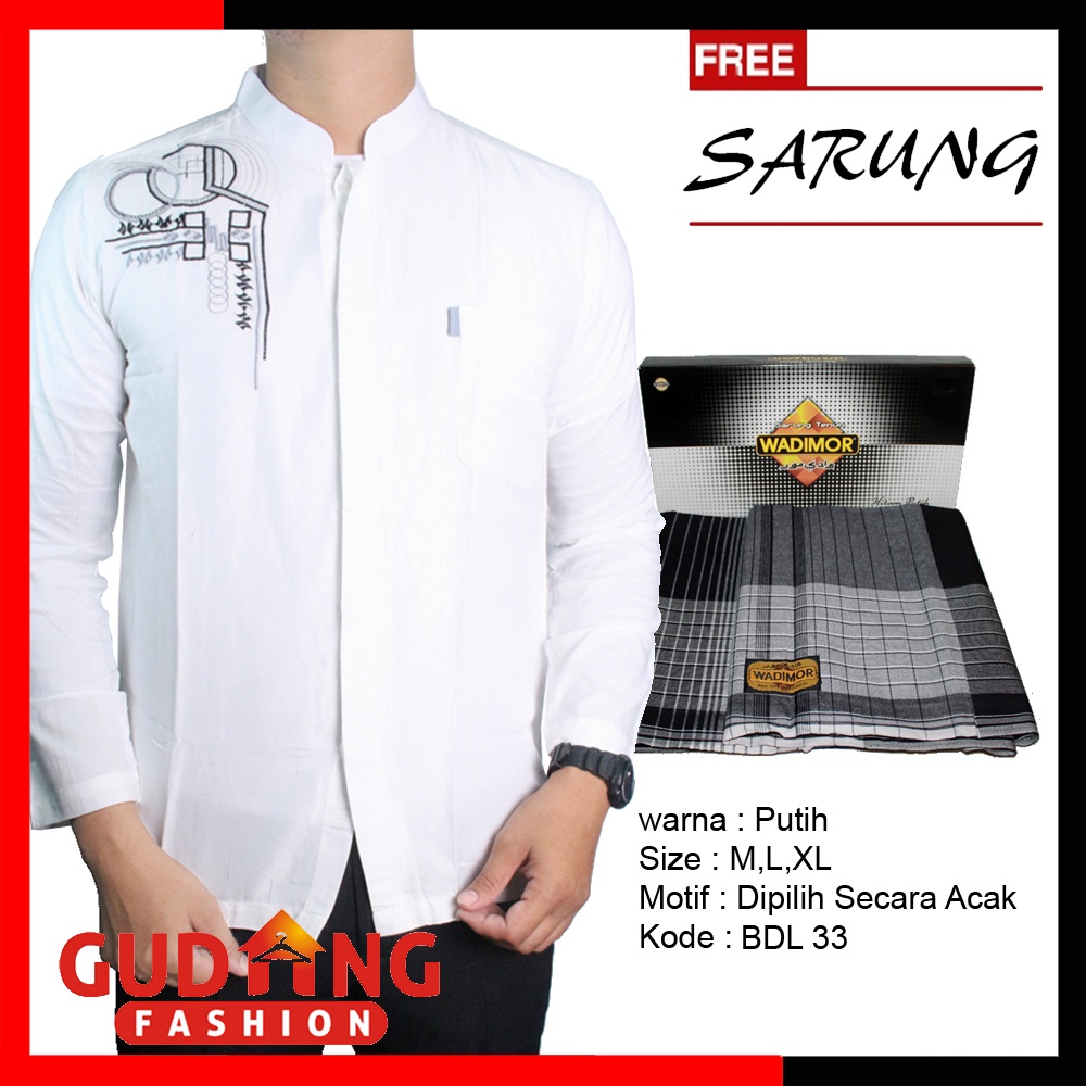 Baju Koko Pria Putih Lengan Panjang Bordir Special Ramadhan Lebaran + Sarung