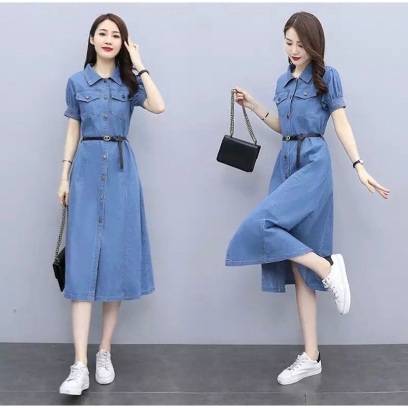 DRESS JEANS WANITA LENGAN PENDEK / LONG  TUNIK JEANS WANITA LENGAN PENDEK  ( FREE BELT )