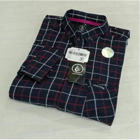 Sale Volcom Kemeja Flanel Distro Pria Lengan Panjang Kotak Hitam Dan Garis Putih Merah Tipis Seri 12