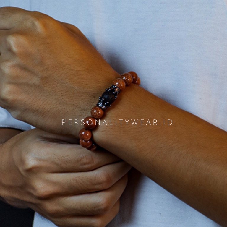 Gelang Pria Wanita Cowok Cewek Keren Simple Dewasa Batu Pasir Emas dan Lava Rock Hitam ASLI Alam Natural