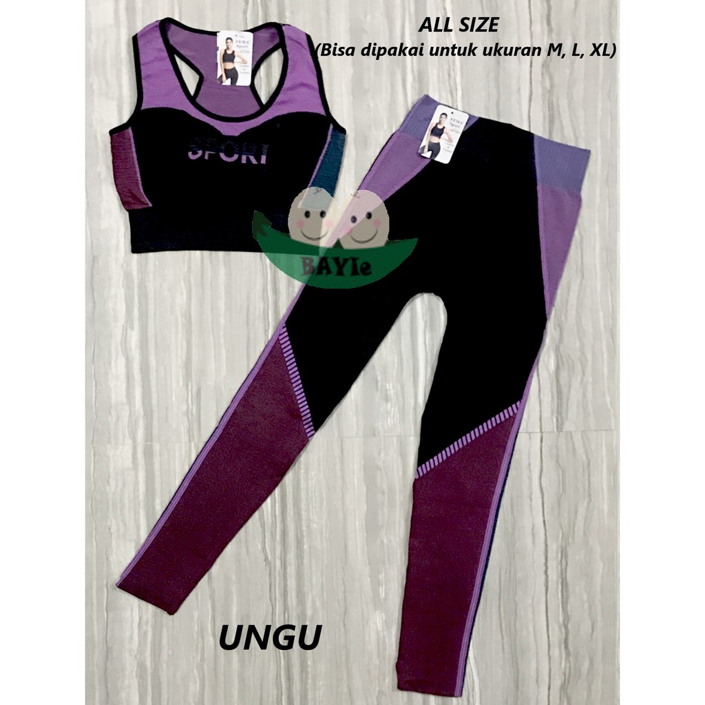 BAYIe - Set Baju Singlet+Celana Legging 7/8 Senam/Sport/Zumba/Aerobic/Yoya/Gym Wanita FEMA 3083+9093