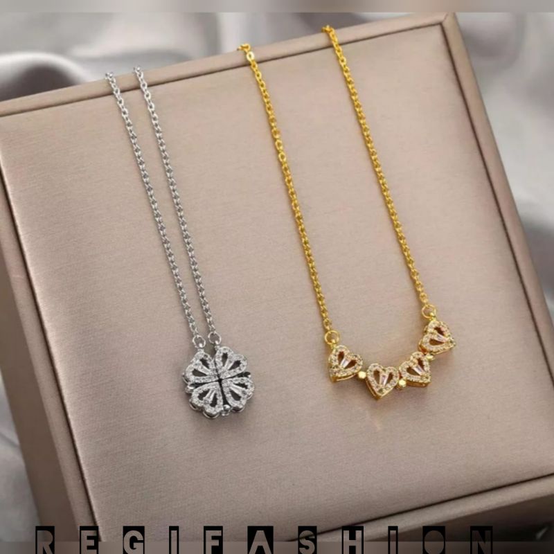 KALUNG TITANIUM WANITA ASLI / KALUNG WANITA KOREA TERLARIS LIONTIN LOVE MAGNET LAPIS EMAS 18K ANTI KARAT TIDAK LUNTUR