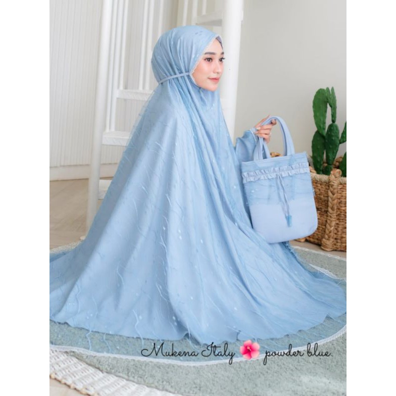 Ready bonus masker Mukena Italy by Delanova original powder blue