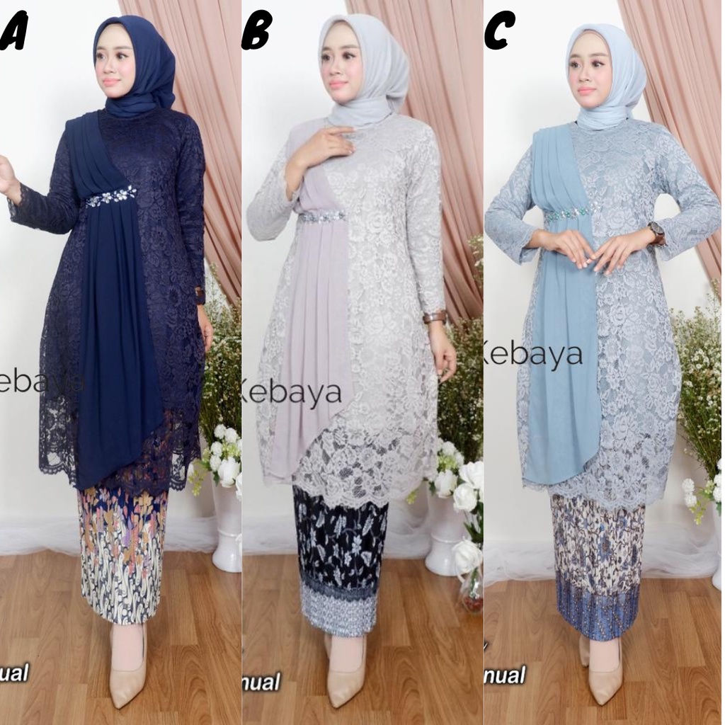 Setelan Kebaya Tunik Brukat / Brokat Mix Selendang Ceruty Aneka Pilihan Warna