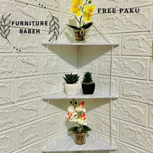 furniture rak gantung tali/rak sudut segitiga 3 susun/rak tatakan bunga/rak penyimpanan barang kesayangan/rak kosmetik/rak serbaguna minimalis dan estetick