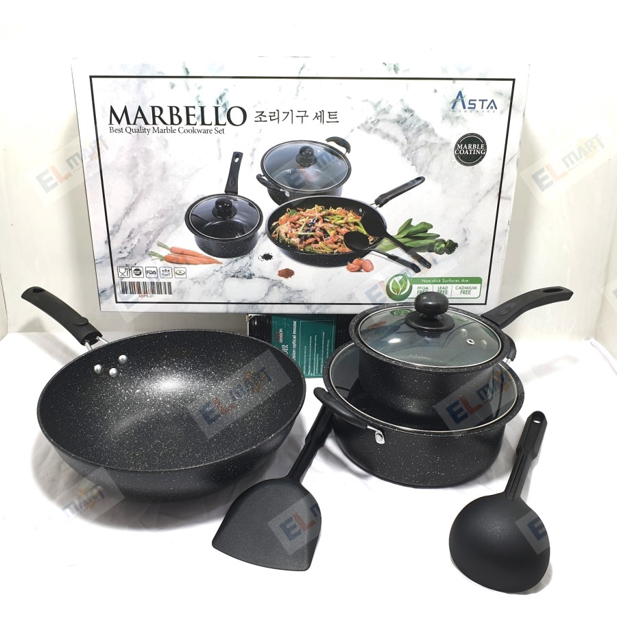 Panci Wajan Set Marble Asta Marbello Cookware Set 7 Pc Anti Lengket mewah dan elegan tutup kaca ori