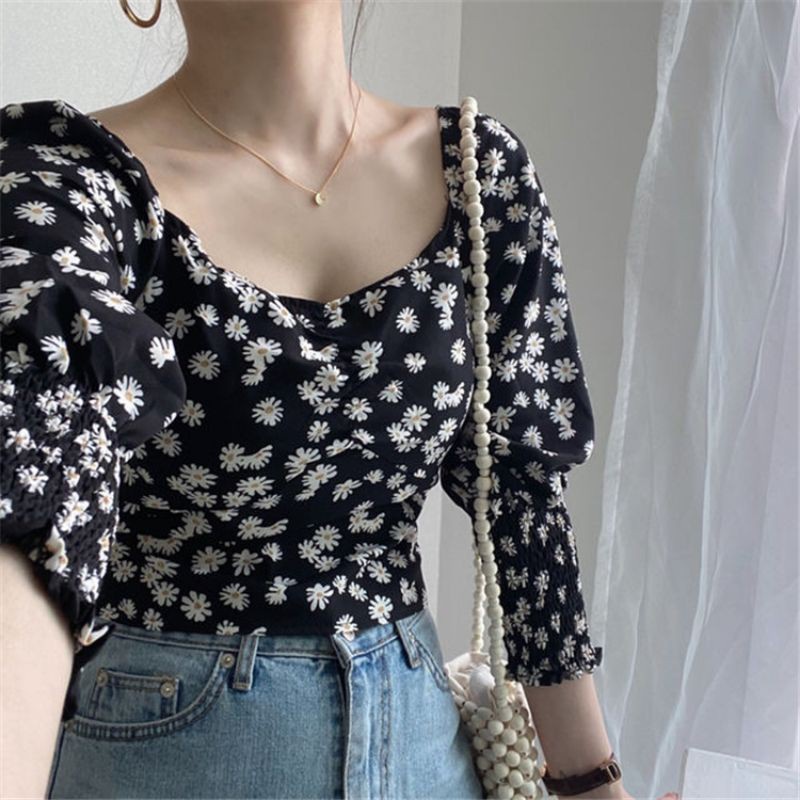 PAULA DAISY LONGSLEVEE - Blus Sabrina Wanita Lengan Puff Motif Bunga Daisy Gaya Korea Blouse Wanita-7