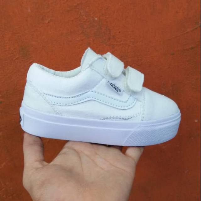 epatu Oldskool Anak Full White Motif Perekat Tanpa Tali/Sepatu Anak Sekolah/Sepatu Anak Kekinian Zaman Now