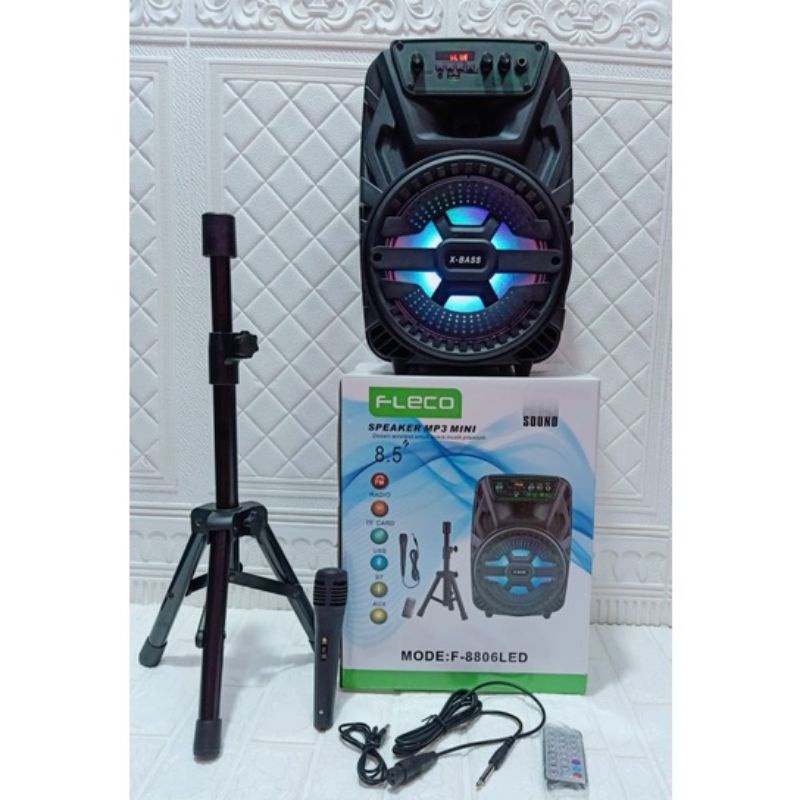 TERBARU speaker bluetooth karaoke 8,5 inch mic wireless x bass radio fm 5000watt LED xtra bass Best Qualiity wireless microphone cas rechargeable super bass tripod speaker fleco f8606/ F8801/ F 6011/ 8809Tripod/ f8806Tripod/FLECO T690