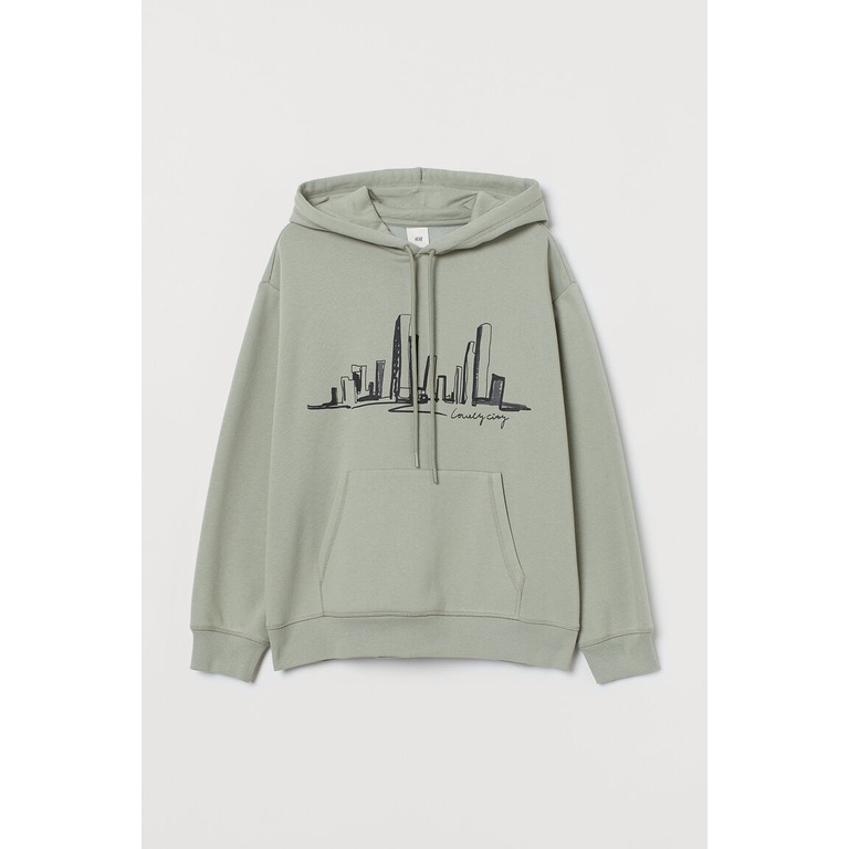 Hoodie HM Lovely City Green Army Hoodie hnm wanita pria