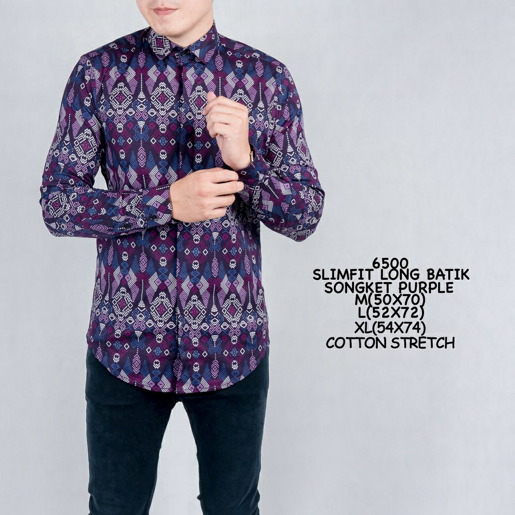 [blessing] 6500 Kemeja Batik Pria Slimfit Songket Ungu Long Murah