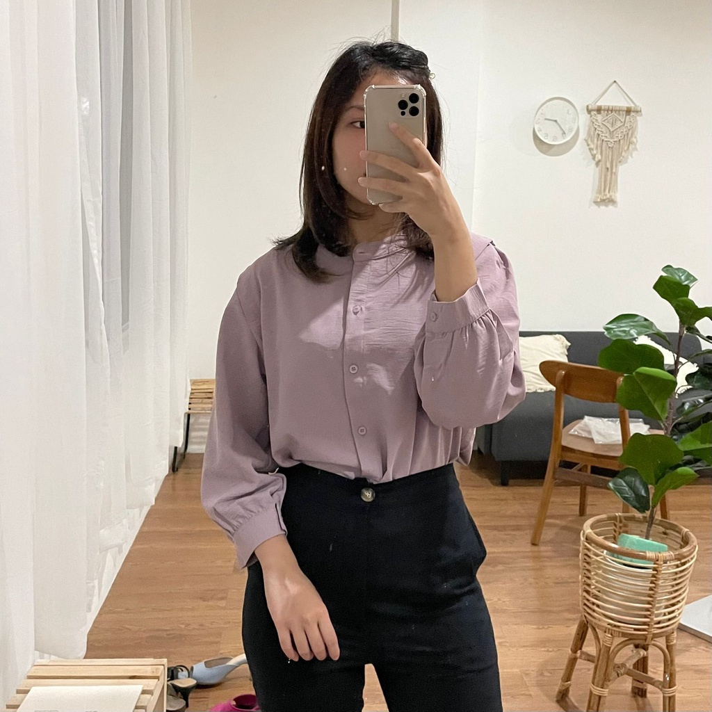 MSMO River Blouse Oneck Longsleeve / Blouse Wanita / Kemeja Kantor / Kemeja Crinkle / Kemeja Lengan Panjang-Lilac