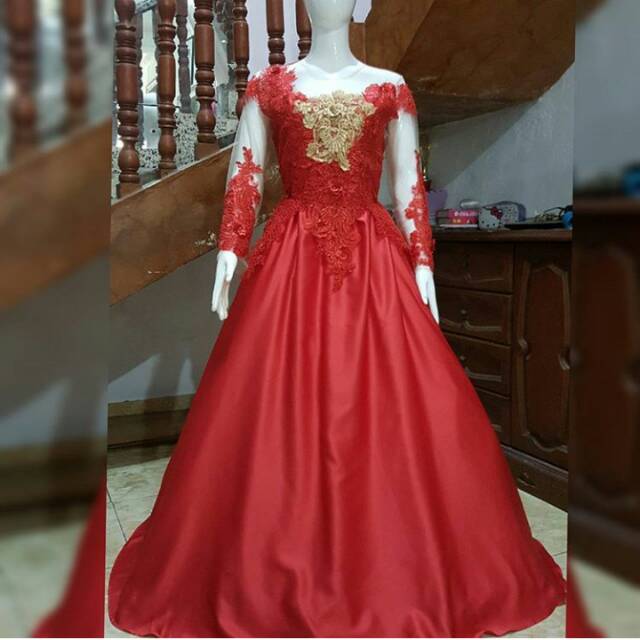 dress warna merah gold