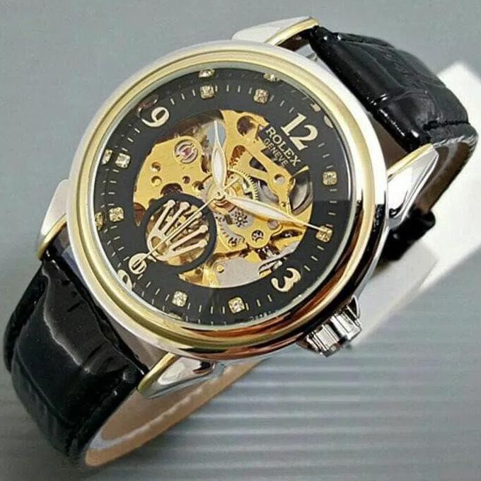 Jam Tangan Rolex Automatic / Otomatis Combi Gold-Black Kulit Hitam