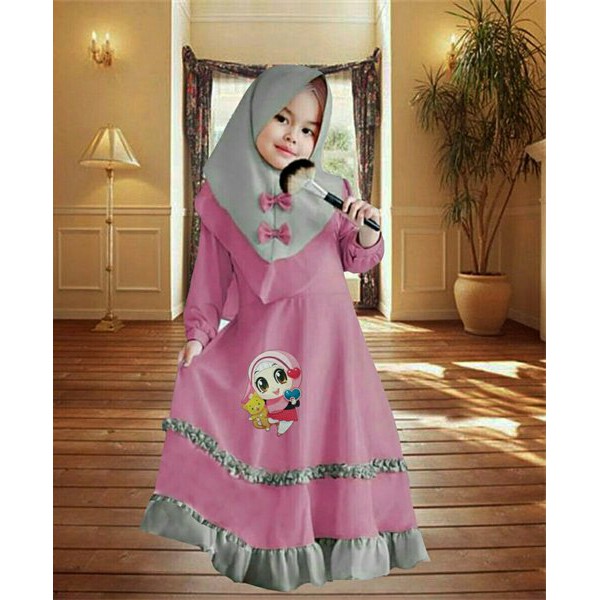 Setelan Baju Gamis Muslim Anak Perempuan Marsha Syari Boneka Lampu LED HQ