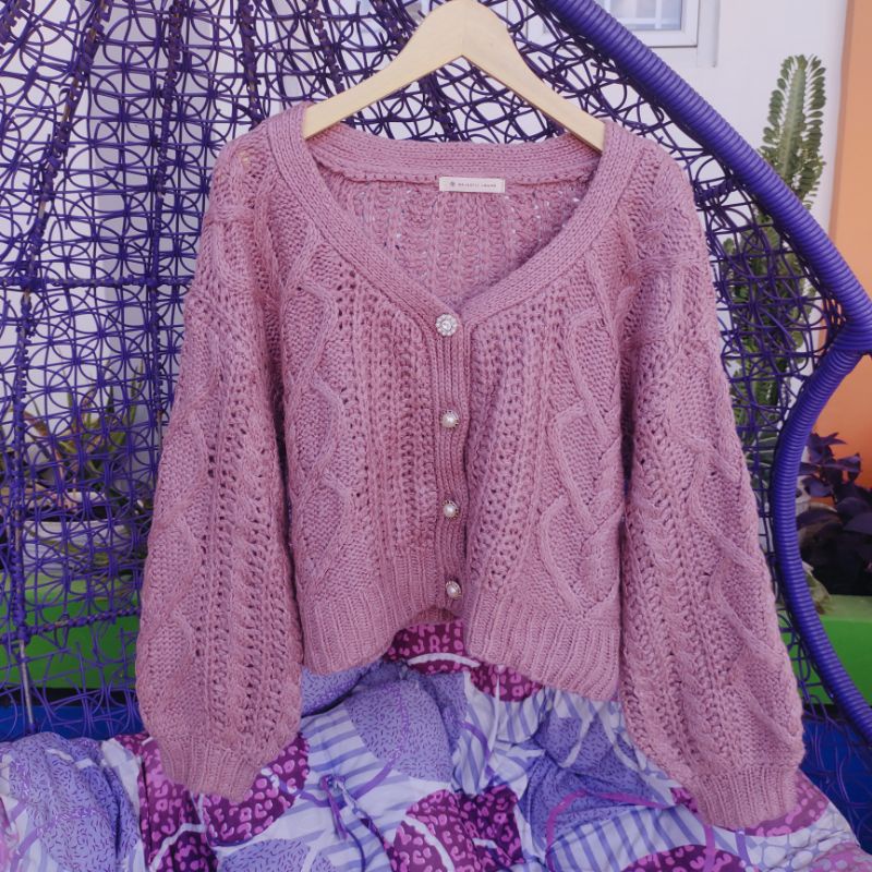 MAJESTIC LEGON CARDI KEPANG CARDIGAN KNIT MUTIARA FULL BALON CROP