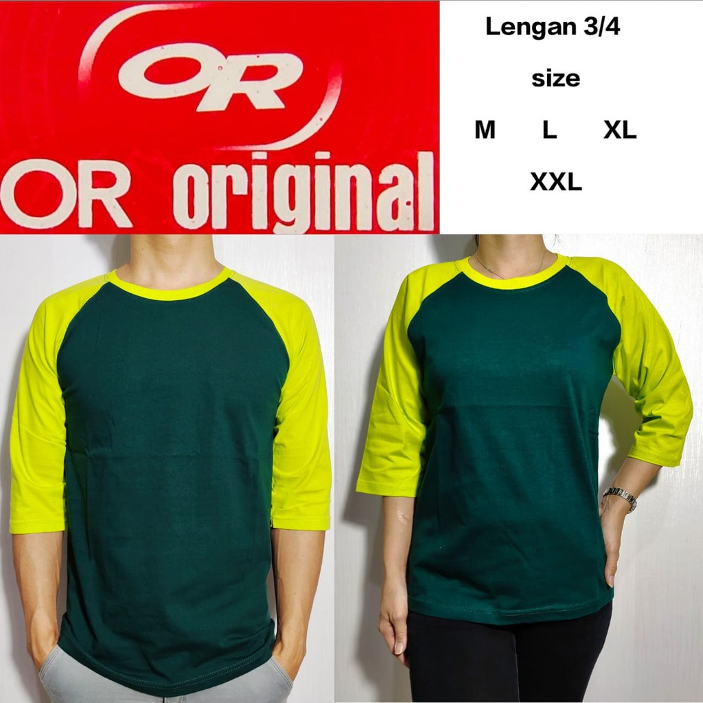 Kaos Polos Reglan Hijau Botol Lengan Hijau Pucuk 3/4 M L XL XXL