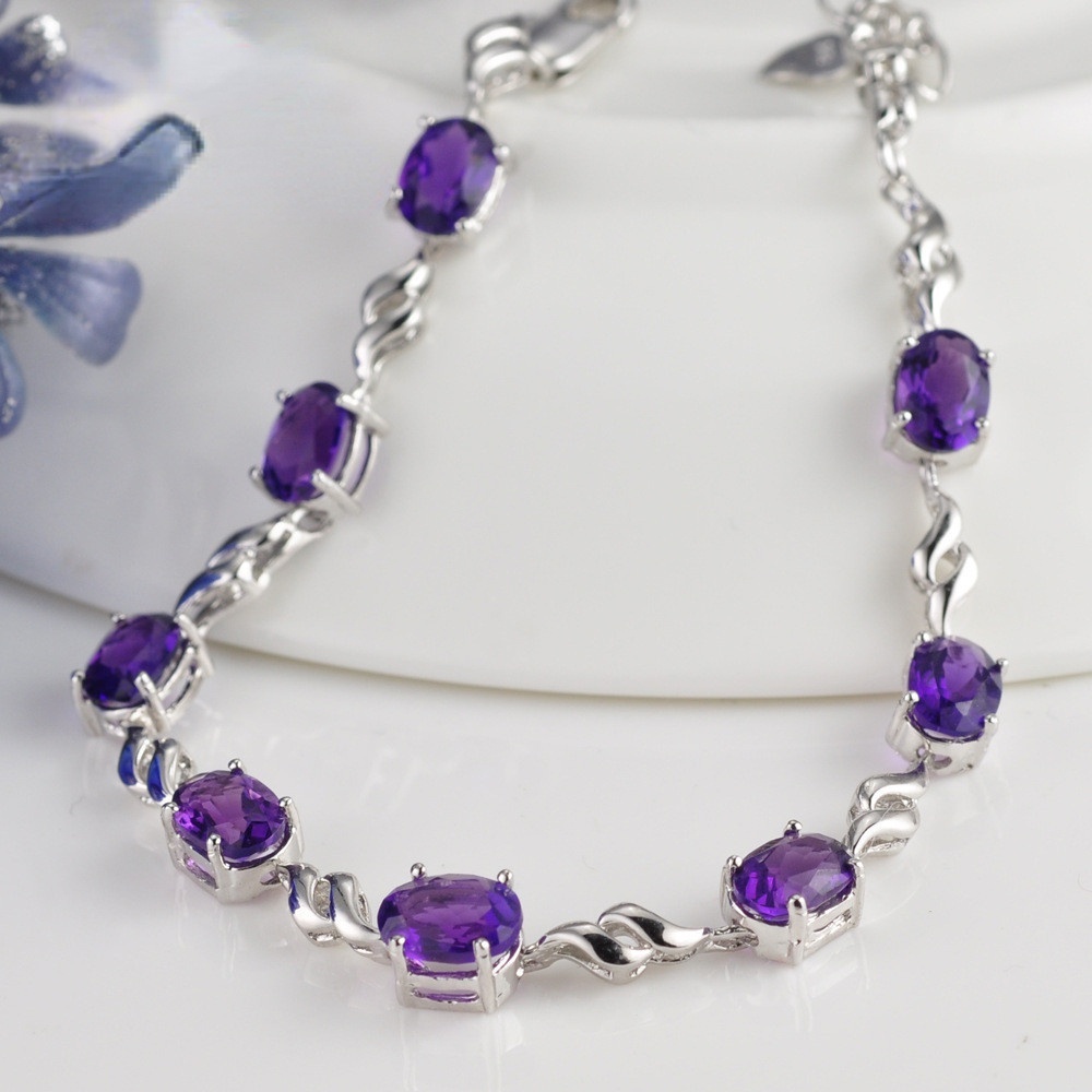 Gelang Amethyst Bahan Stainless Steel 925 Silver Plated Gaya Korea Untuk Wanita