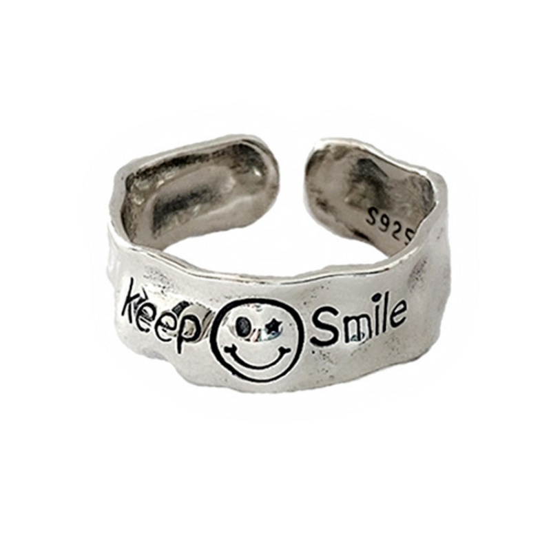 Cincin Model Terbuka Bahan Stainless Steel Motif Tulisan Smile Gaya Retro Untuk Wanita