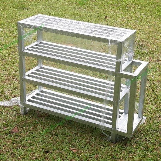 hollow rak sepatu susun besi 4 susun kuat anti karat rak termurah minimalis - Silver, + Tempat Payun