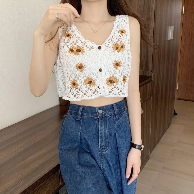 Rompi Cardigan Wanita Import Sunflower Vest Crochet Knit Woman Top Fashion Terbaru AV235