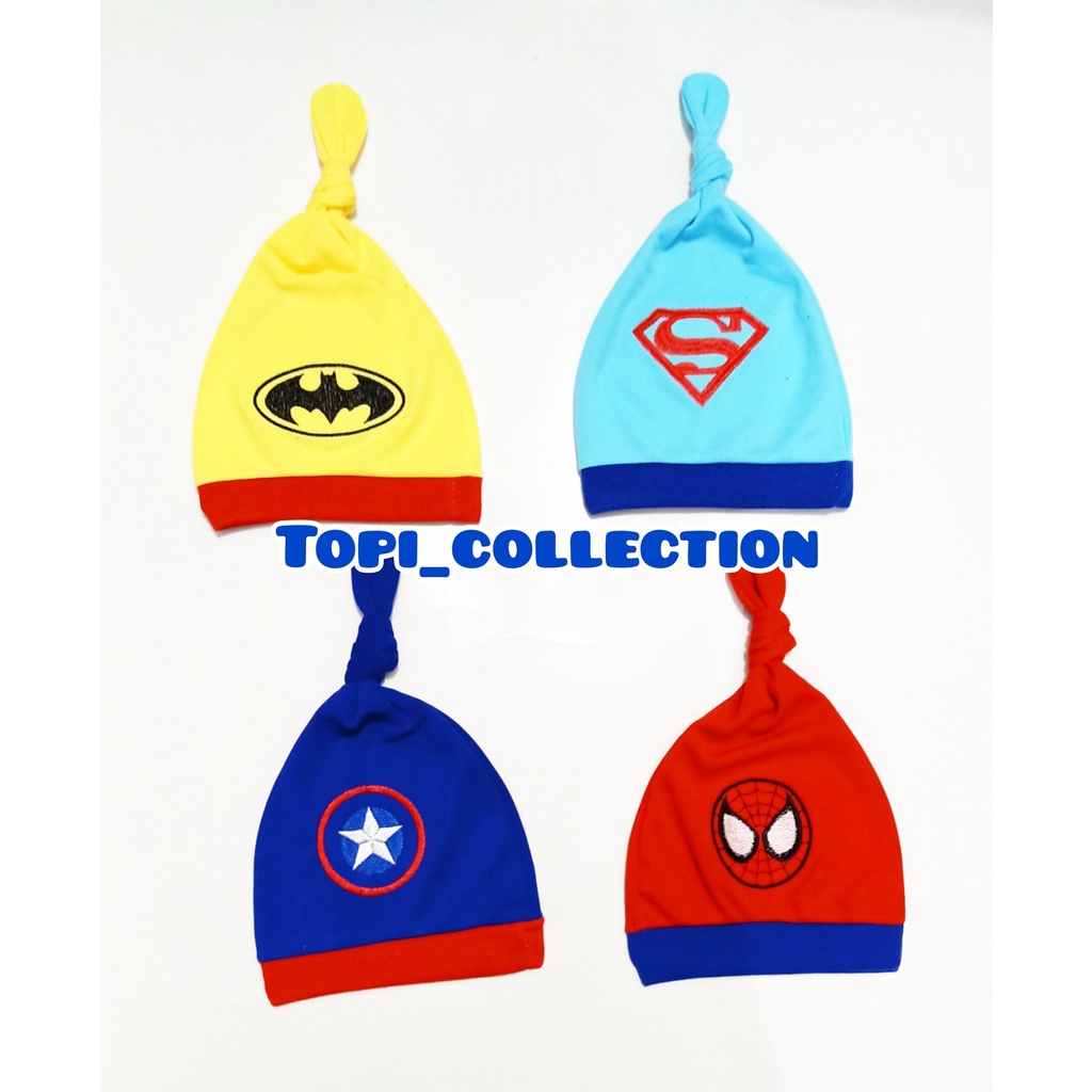 Topi Kuncung Bayi Motif Superhero Batman, Spiderman, Captain Amerika, dan Superman / Topi Bayi Cowok