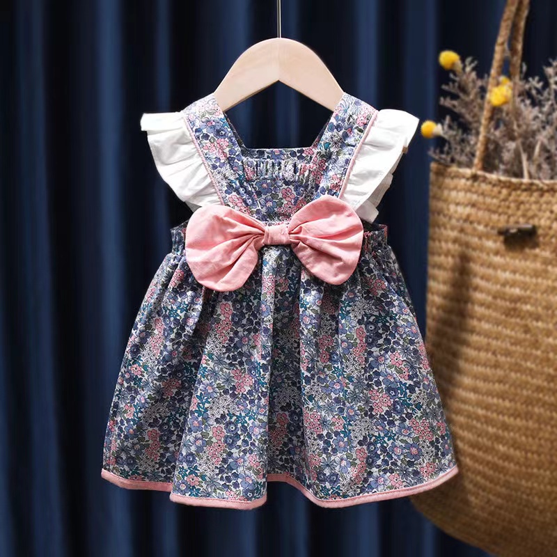 DRESS ANAK [KUALITAS IMPOR] GAUN BAYI MOTIF BUNGA BIRU PITA PINK