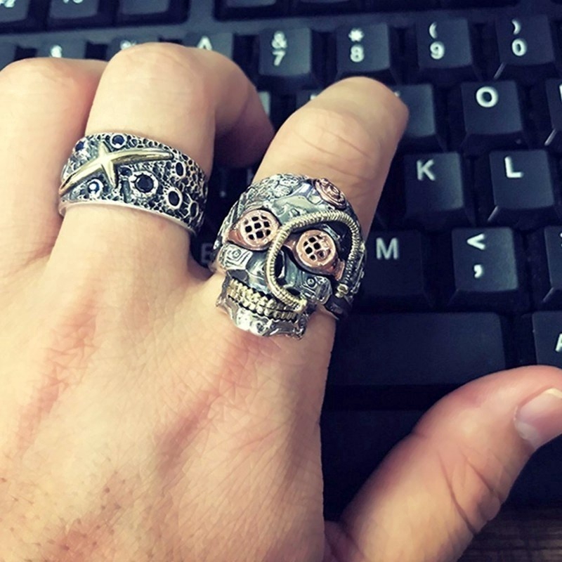 SEUSUK  Cincin Motif Tengkorak Warna Emas Gaya Steampunk Gothic untuk Pria / Wanita