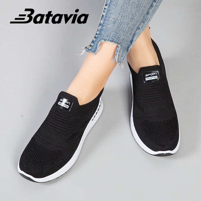Batavia 2023 Impor Slip-On Sepatu Wanita Terbang Tenunan Bernapas Sepatu Fashion Kasual Ibu Sepatu Sepatu Kerja Sepatu Hitam A106/Q6/A30-Q6 BLACK