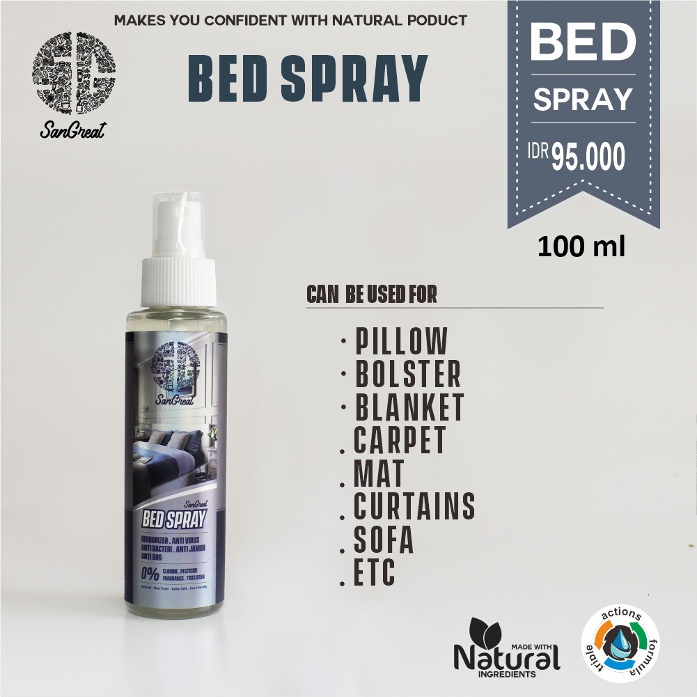 SanGreat Bed Spray 100 ml-Anti bakteri virus dan jamur dan anti serangga anti kutu kasur anti tungau penghilang bau ompol penghilang bau keringat penghilang bau air liur