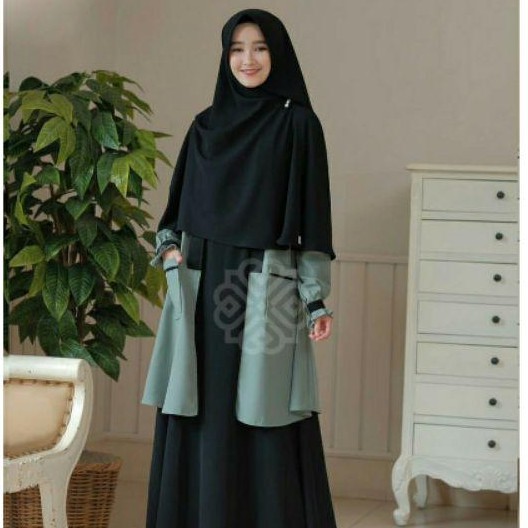 Baju Gamis Elbina Set Muslim Fashion Setelan Remaja 2in1Dress+outer dress  Termurah Wanita Laris pakaian wanita-Hitam green